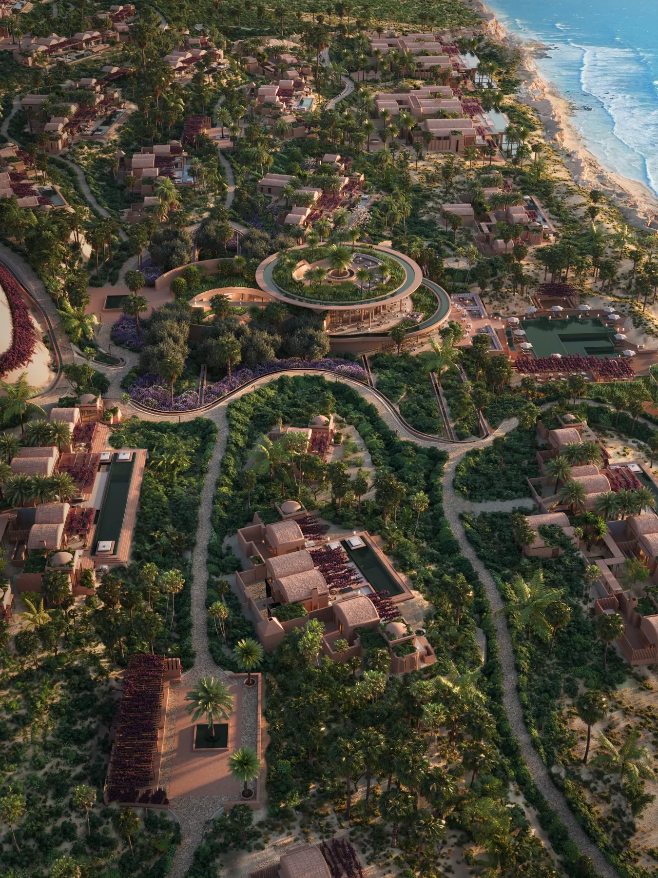 Aerial view of a large coastal resort integrated with landscape