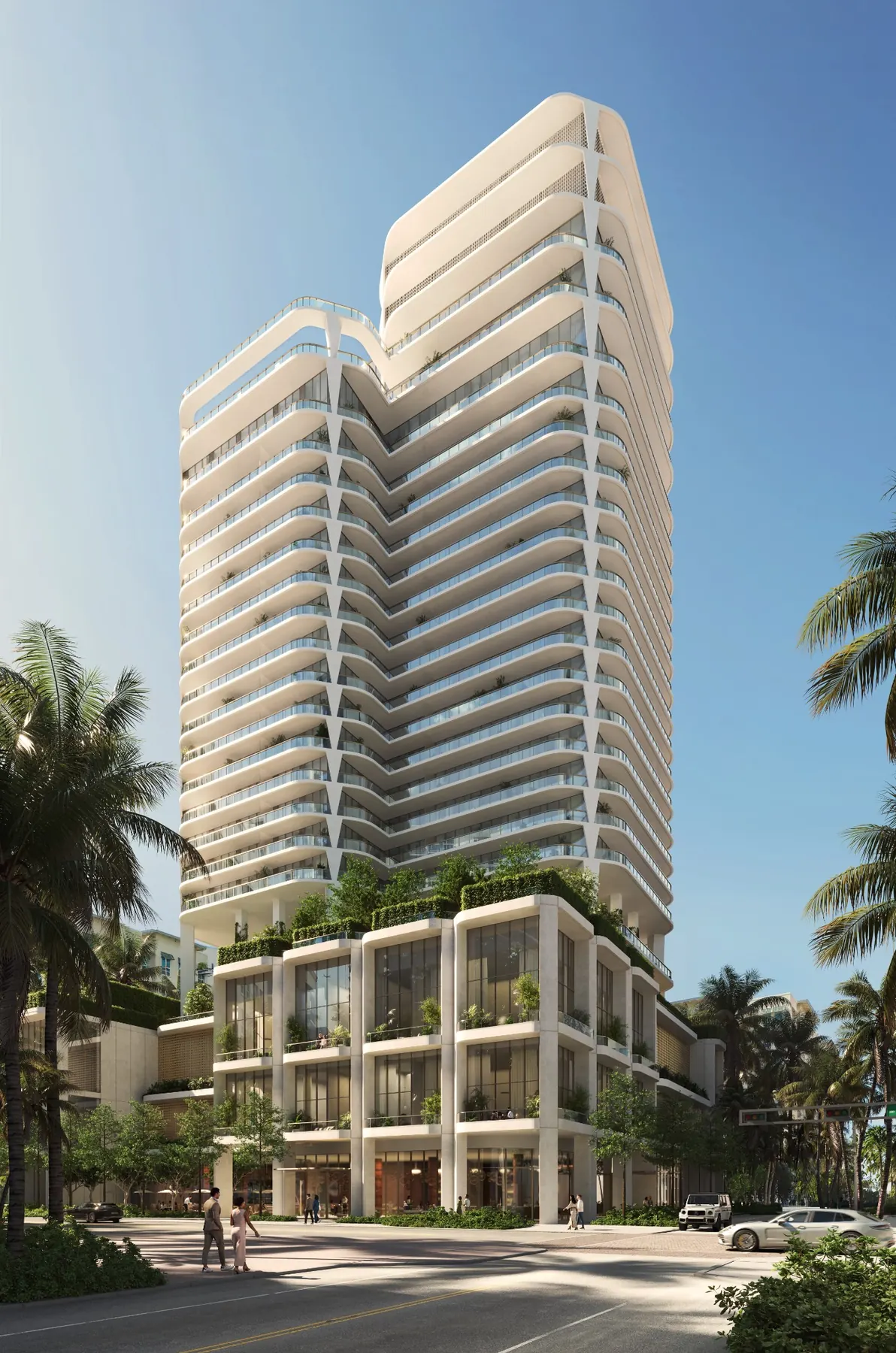 Contemporary residential tower viewed from street level