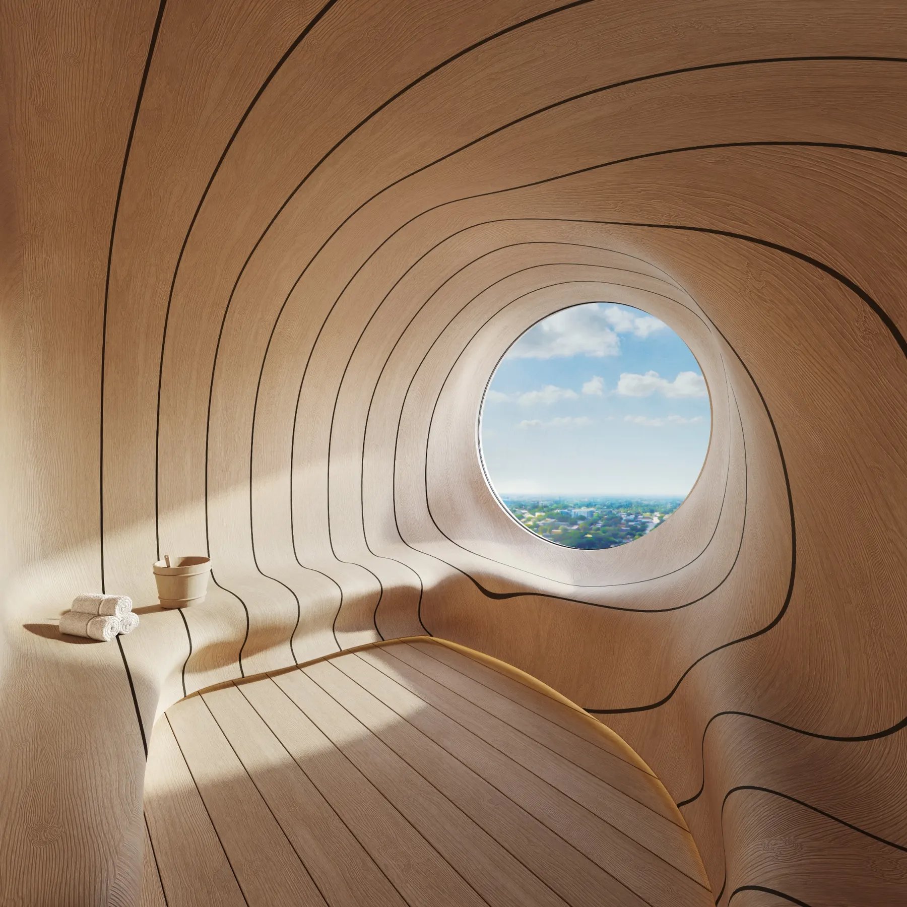 Sculptural timber sauna interior with circular opening