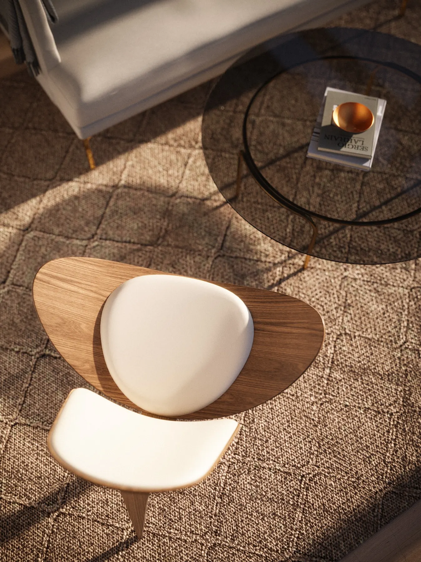 Top-down furniture and material detail in warm sunlight
